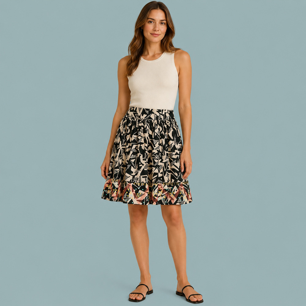 Odille Anthropologie Size 8 Black Cream Abstract Print Embroidered Sequin Skirt